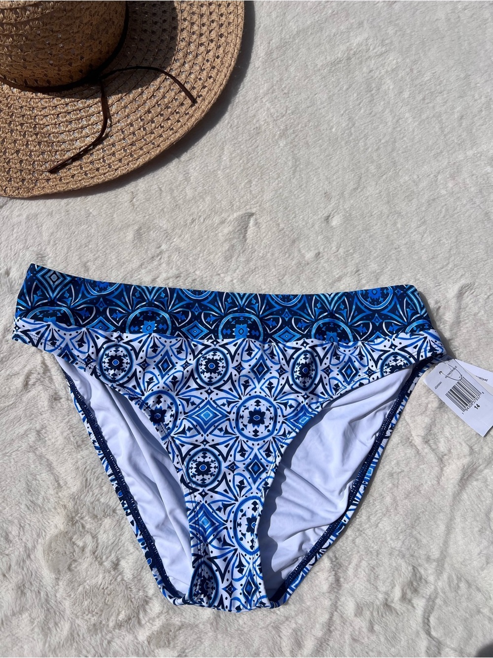 Jantzen Moroccan Tile Banded Hipster Bikini Bottom Size 14 NWT Blue White